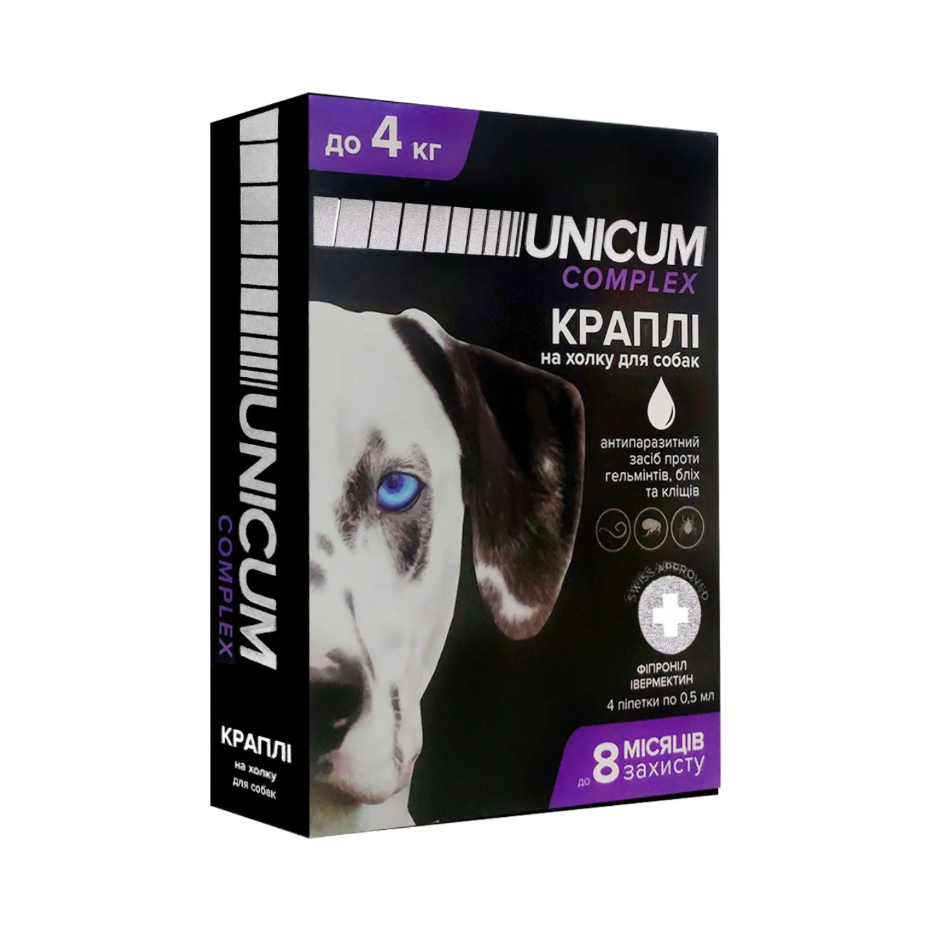 Краплі від бліх, кліщів та гельмінтів на холку для собак Unicum COMPLEX 0-4 кг (івермектин+фіпр.)