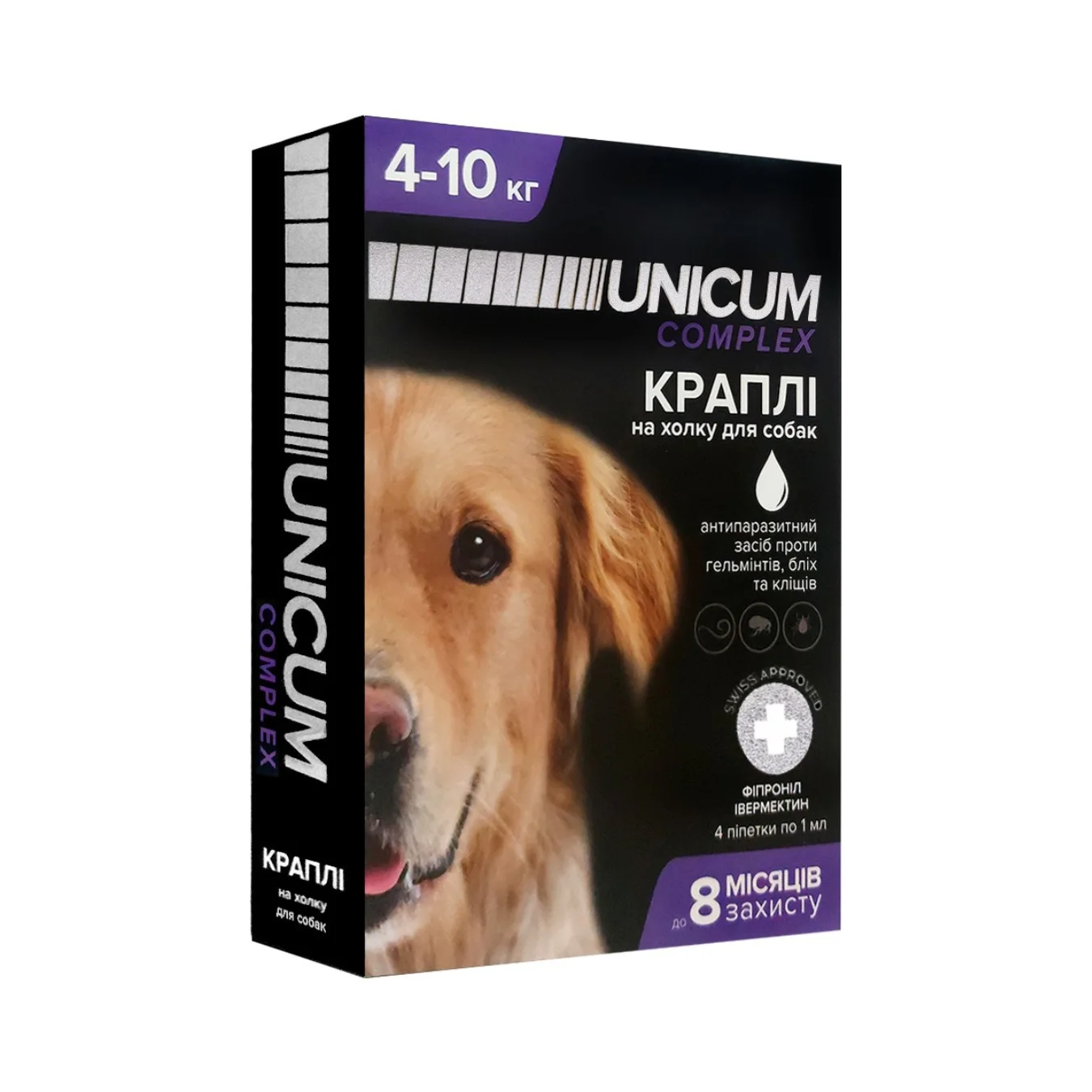 Краплі від бліх, кліщів та гельмінтів на холку для собак Unicum COMPLEX 4-10 кг (івермектин+фіпр.)