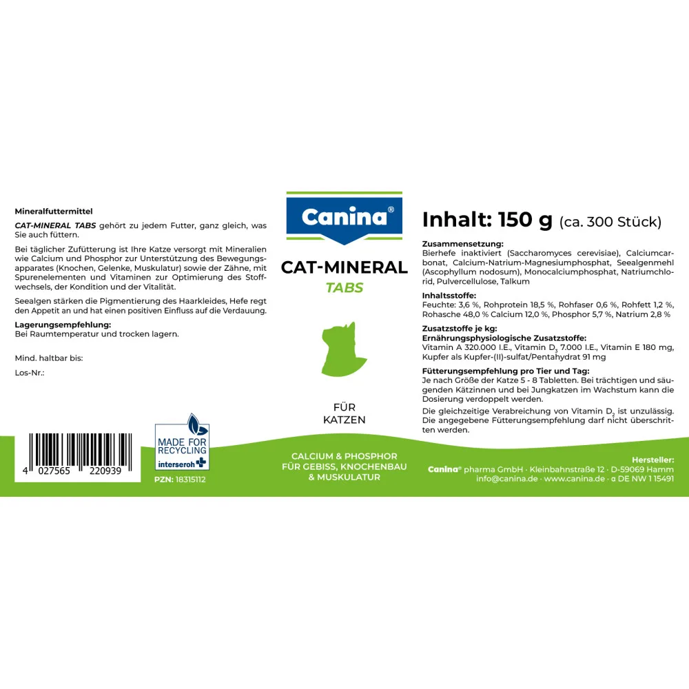 Вітамінно-мінеральний комплекс Canina Cat-Mineral Tabs для котів 150 г 300 табл. — фото 3