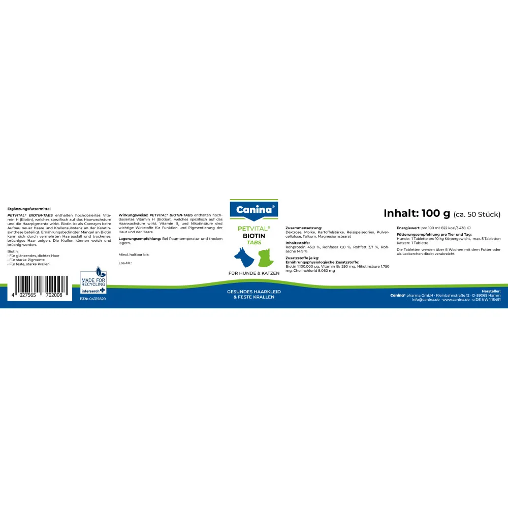 Вітамінний комплекс Canina Petvital Biotin-Tabs для вибагливих собак і котів Біотин 100 г 50 табл. — фото 3