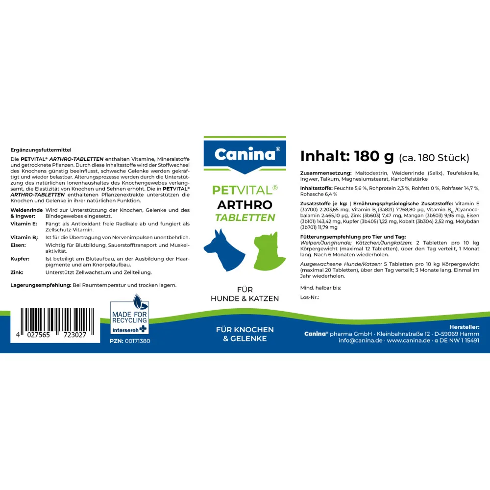 Мінеральний комплекс Canina Petvital Arthro-Tabletten для собак та котів для проблемних суглобів 180 г 180 табл. — фото 3