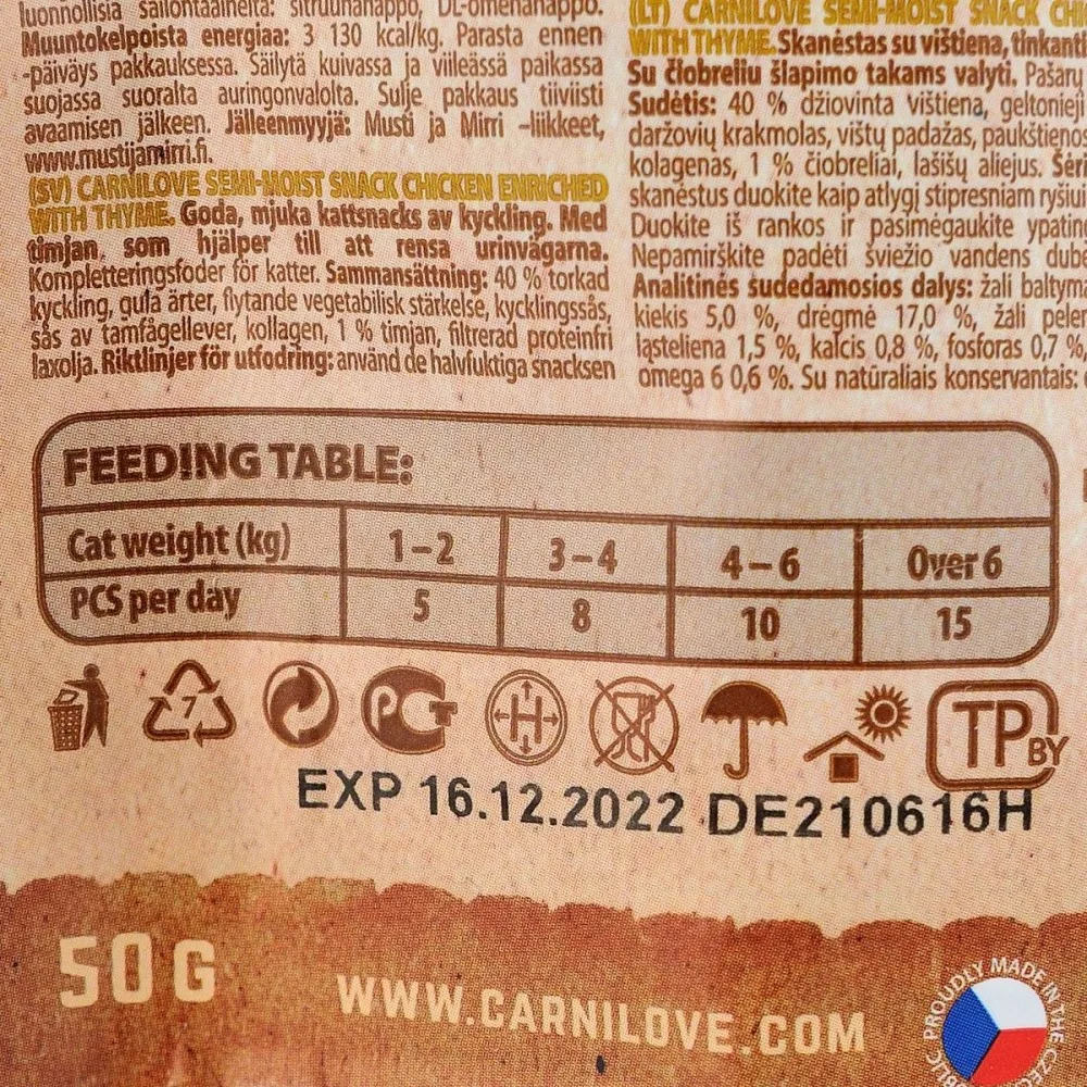 Ласощі Carnilove Cat Semi Moist Snack Chicken with Thyme для котів для здоров я сечовивідних шляхів з куркою та чебрецем 50 — фото 3