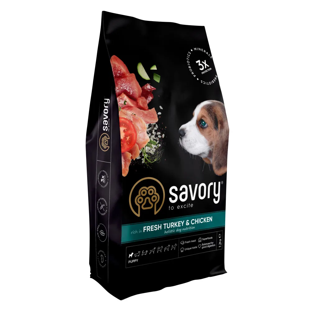 Корм сухий Savory Puppy rich in Fresh Turkey & Chicken для цуценят всіх порід зі свіжою індичкою і куркою 12 кг