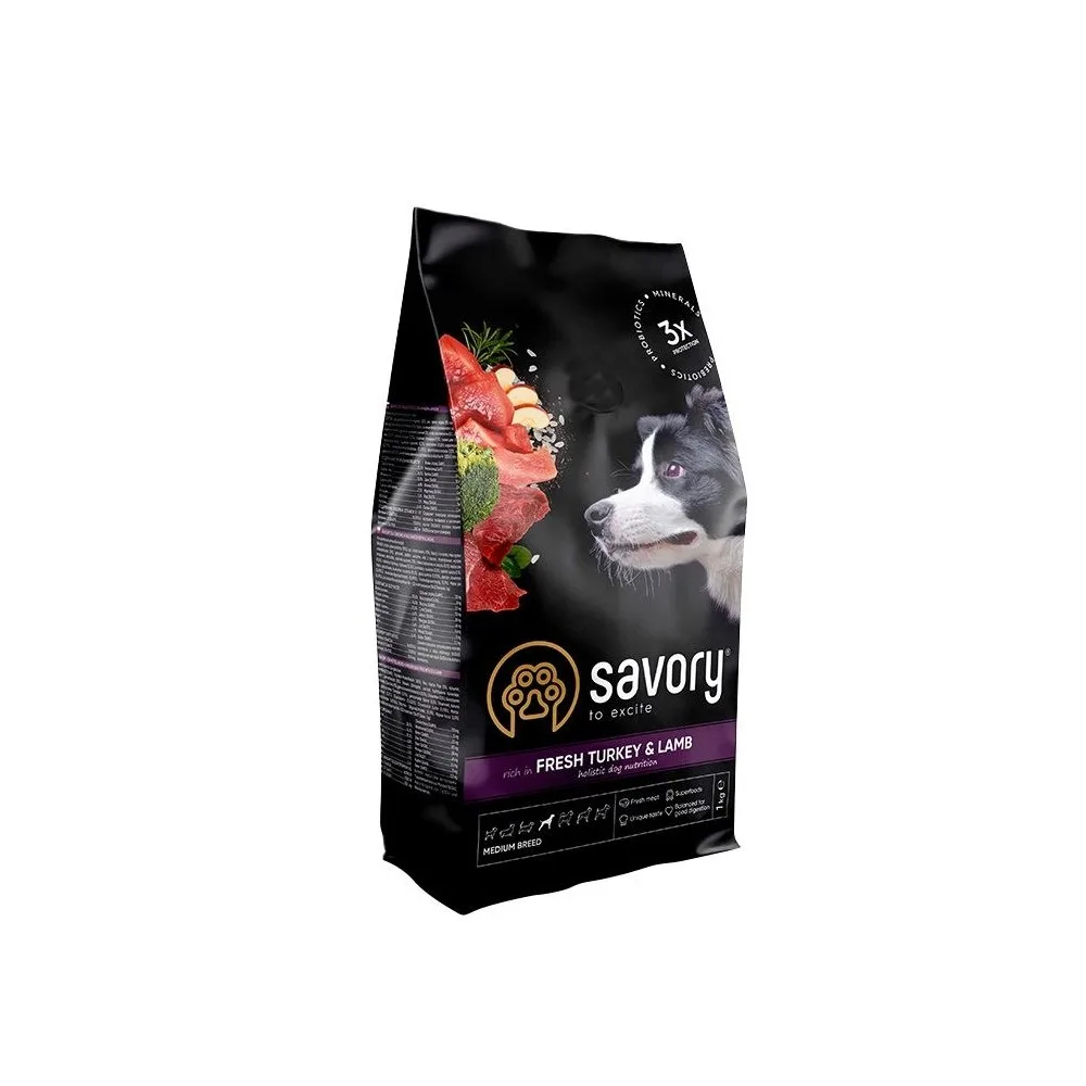 Корм сухий Savory Medium Breed rich in Fresh Turkey & Lamb для дорослих собак середніх порід від 10 до 25 кг зі свіжим ягням