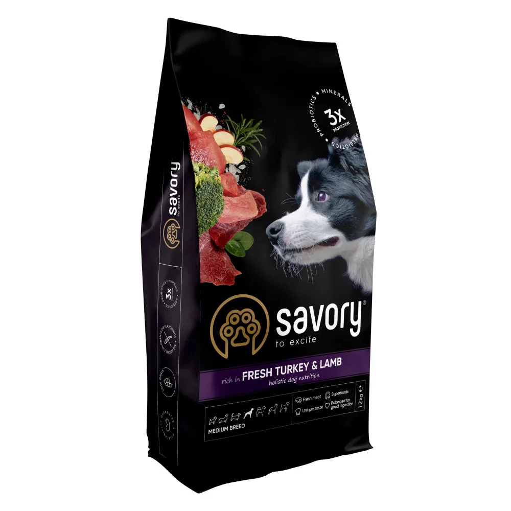 Корм сухий Savory Medium Breed rich in Fresh Turkey & Lamb для дорослих собак середніх порід від 10 до 25 кг зі свіжим ягням