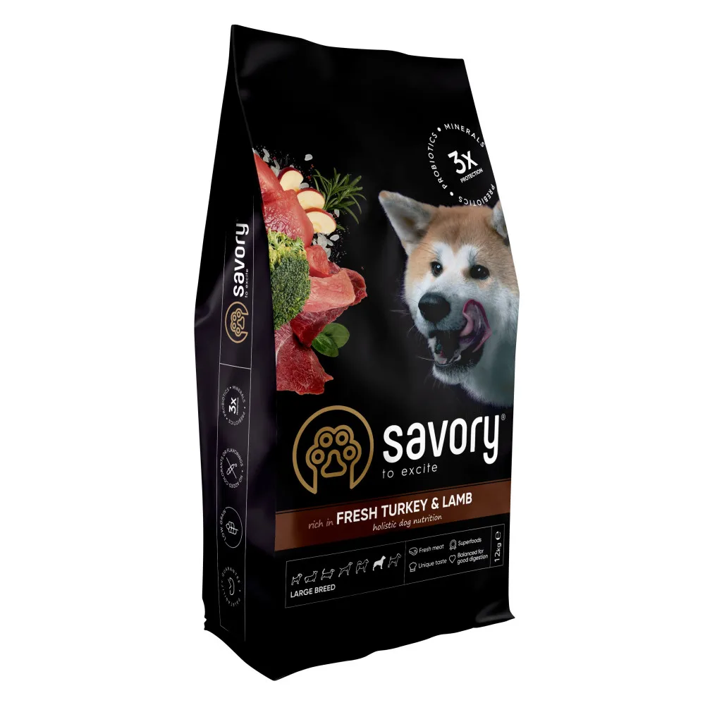 Корм сухий Savory Large Breeds rich in Fresh Turkey & Lamb для дорослих собак великих порід від 25 кг зі свіжим ягням та інд