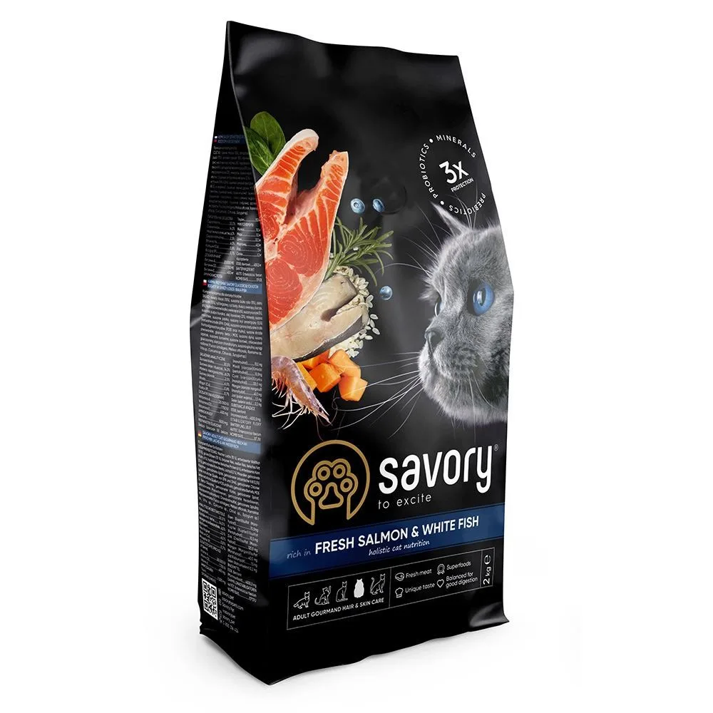 Корм сухий Savory Adult Cat Gourmand Fresh Salmon & White Fish для довгошерстих котів зі свіжим лососем і білою рибою 2 кг