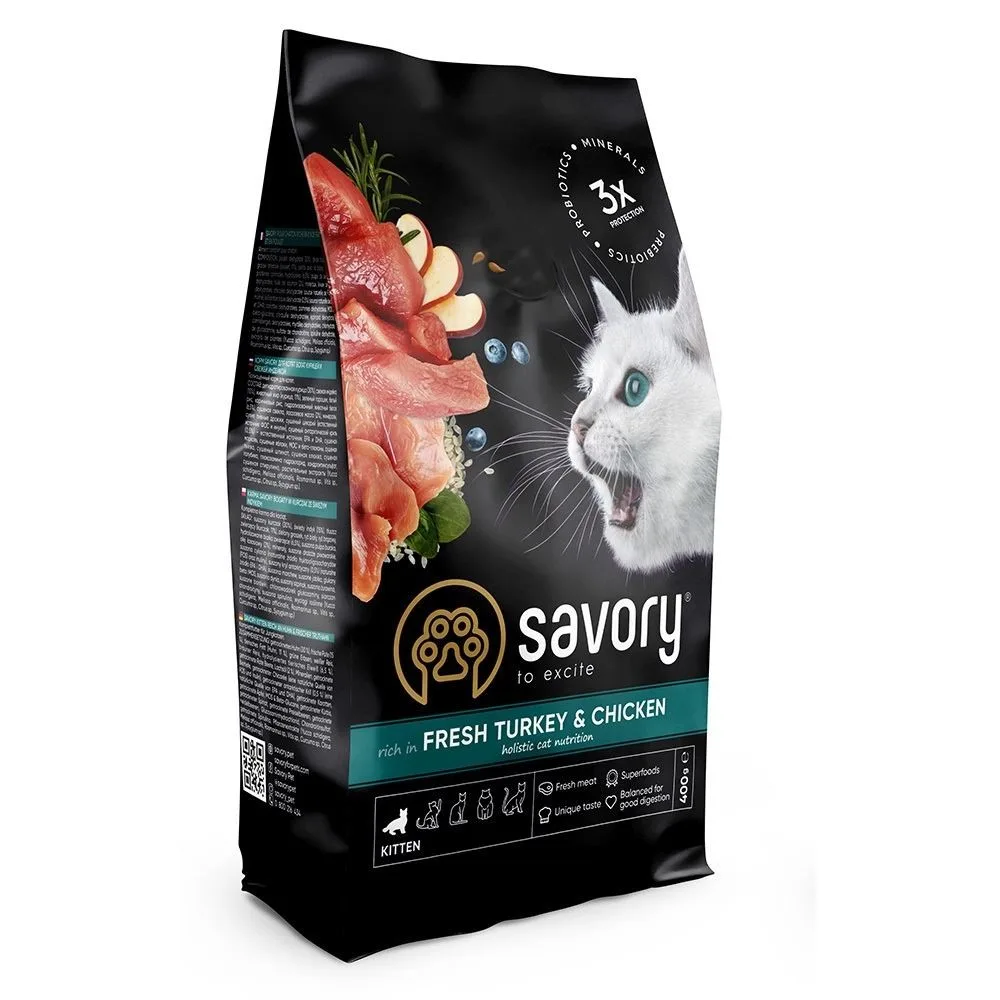 Корм сухий Savory Kitten rich in Fresh Turkey & Chicken для кошенят всіх порід зі свіжою індичкою та куркою 400 г