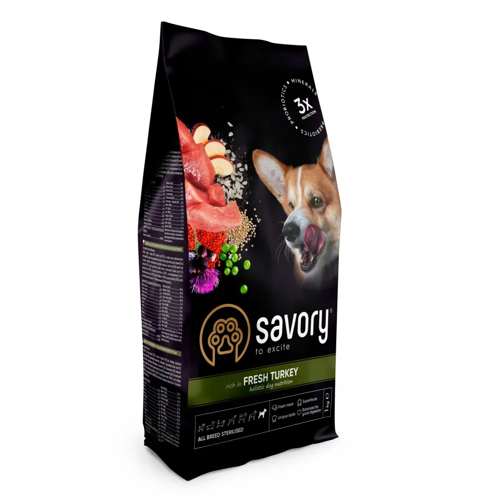 Корм сухий Savory All Breed Sterilised rich in Fresh Turkey для стерилізованих собак усіх порід зі свіжою індичкою 1 кг