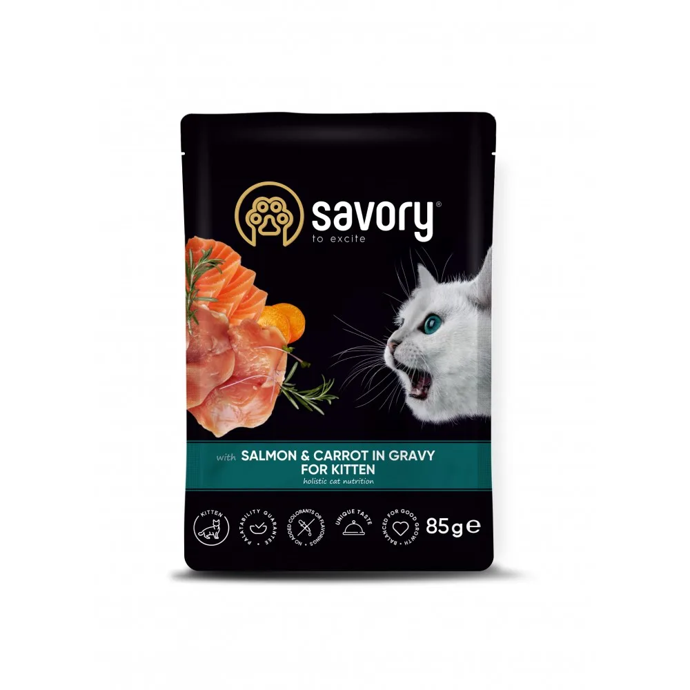 Корм вологий Savory Kitten Pouch Salmon & Carrot in Gravy для кошенят з лососем та морквою у соусі 85 г