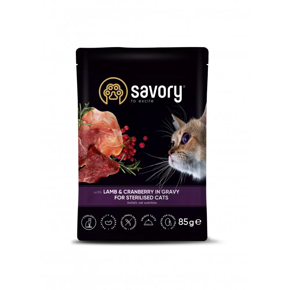 Корм вологий Savory Sterilised Cat Pouch Lamb & Cranberry in Gravy для стерилізованих котів з ягням та журавлиною у соусі 85