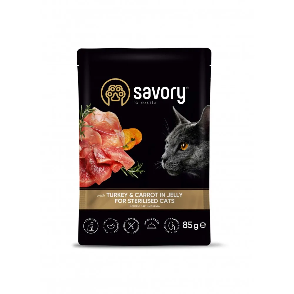 Корм вологий Savory Sterilised Cat Pouch Turkey & Carrot in Jelly для стерилізованих котів з індичкою та морквою у желе 85 г