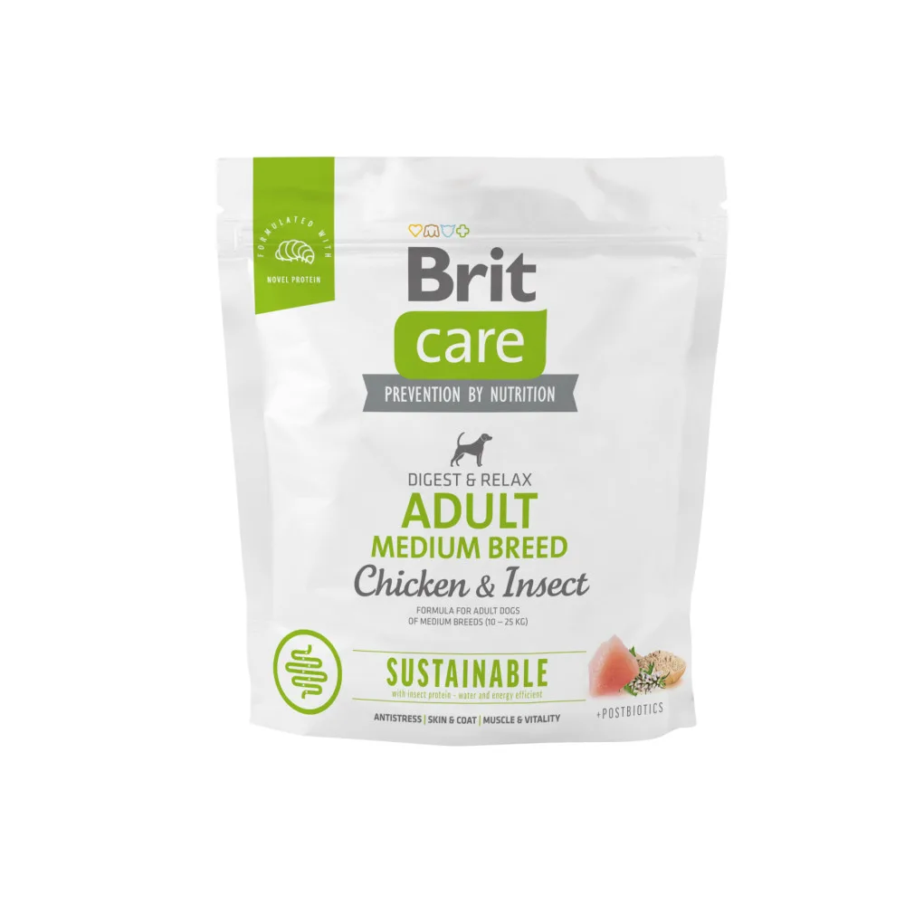 Корм сухий Brit Care Dog Sustainable Adult Medium Breed для дорослих собак середніх порід з куркою та комахами 1 кг