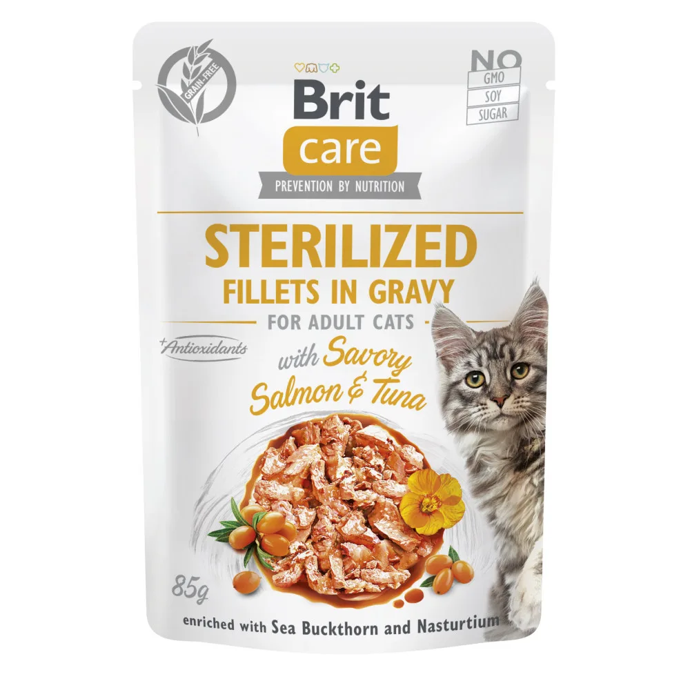 Корм вологий Brit Care Fillets in Gravy Savory Salmon & Tuna Sterilized для стерилізованих котів філе в соусі з лососем і ту