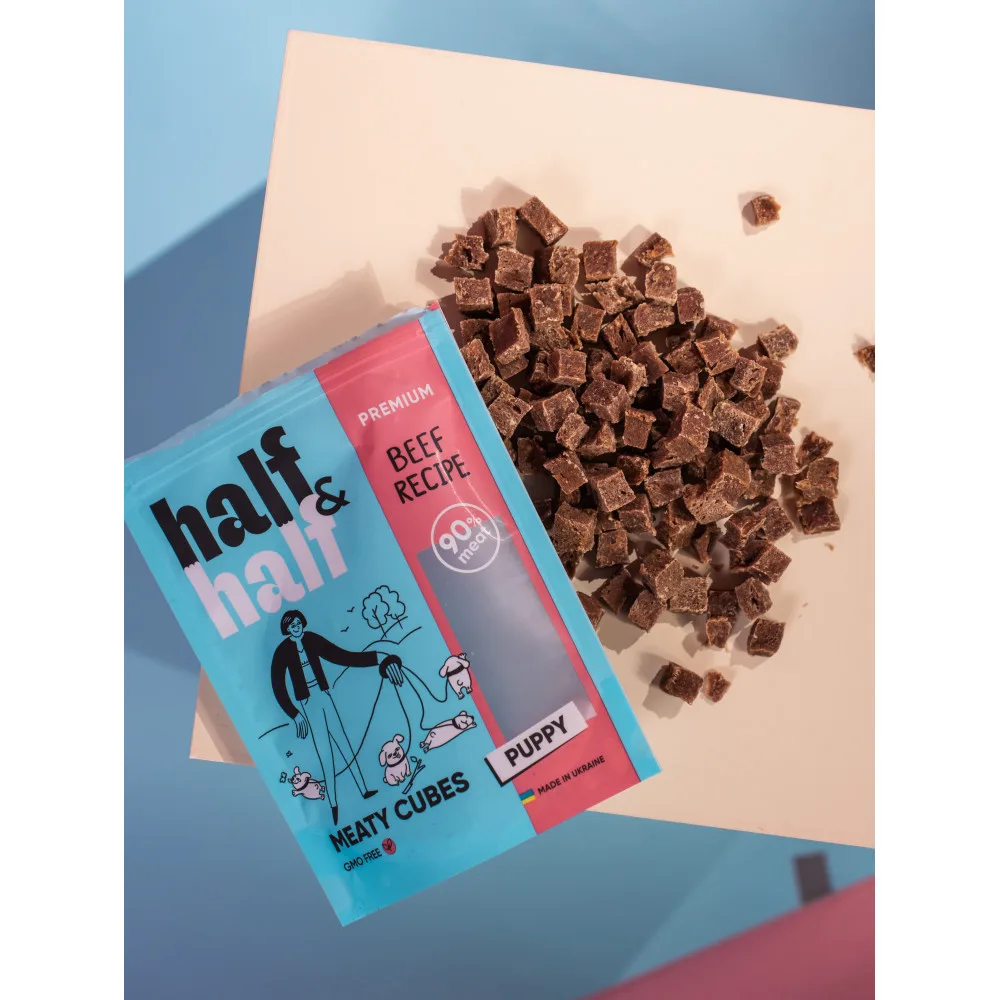 Ласощі HalfHalf м ясні кубики для цуценят, з яловичиною 100 г — фото 3