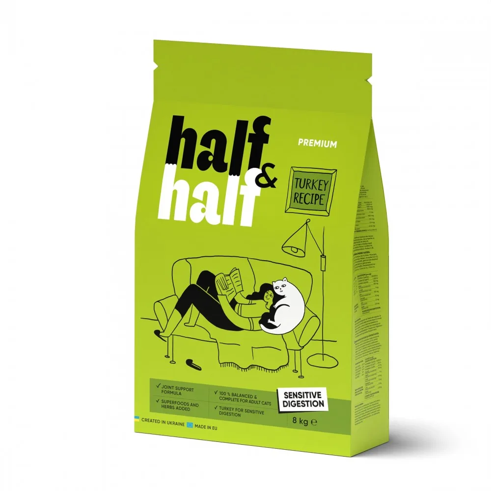 Корм сухий HalfHalf для котів із чутливим травленям з індичкою 8 кг