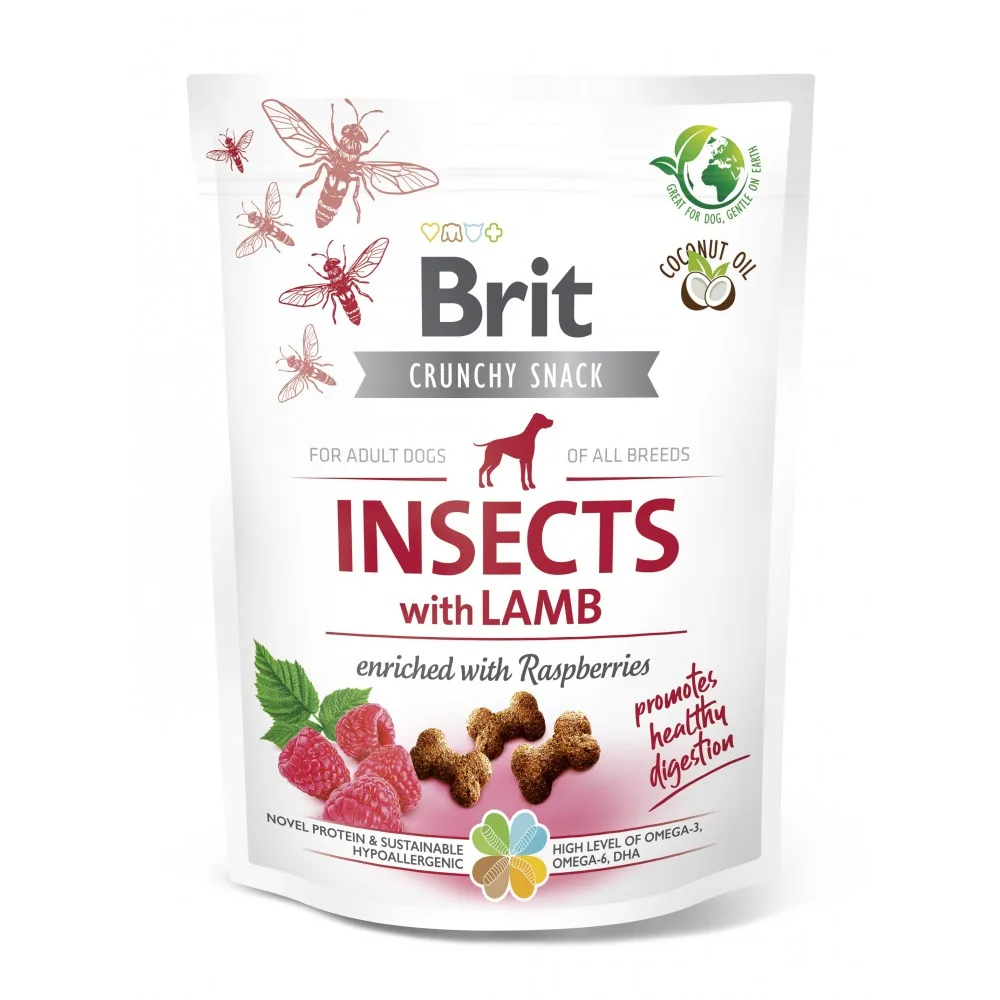 Ласощі Brit Care Dog Crunchy Cracker Insects with Lamb для собак для покращення травлення з комахами ягням і малиною 200 г