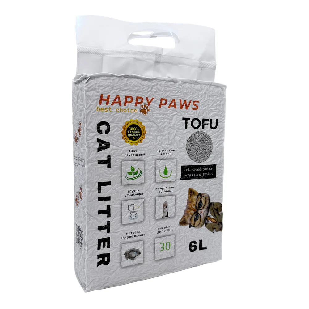 Наповнювач тофу HAPPY PAWS для котячих туалетів з активованим вугіллям 6л/2,6кг