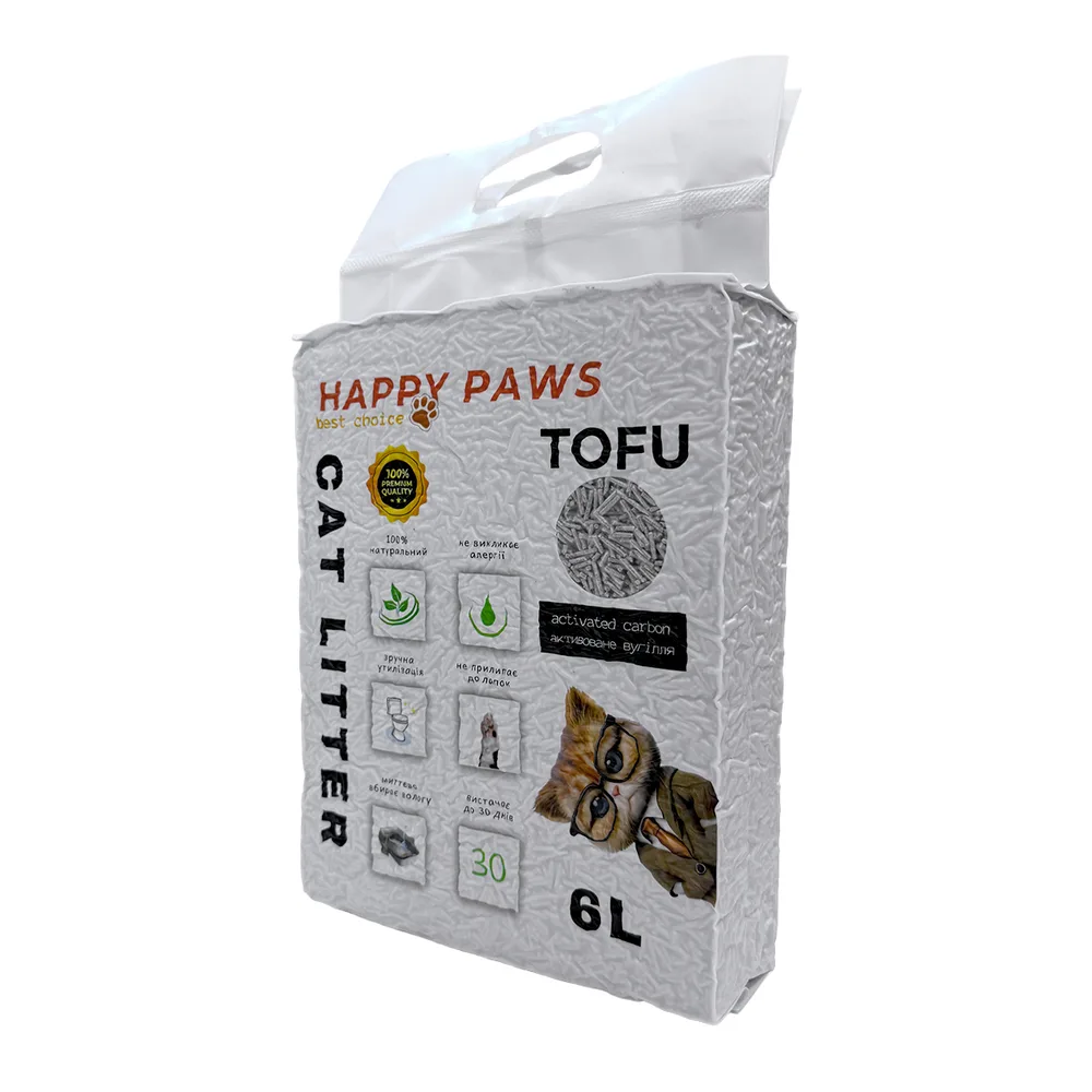 Наповнювач тофу HAPPY PAWS для котячих туалетів з активованим вугіллям 6л/2,6кг — фото 2