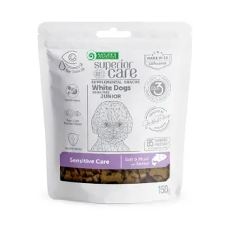 Nature’s Protection Superior Care White Dogs Sensitive Care Беззернові ласощі для юніорів із білим забарвленням з чутливим травленням з лососем, 150 г