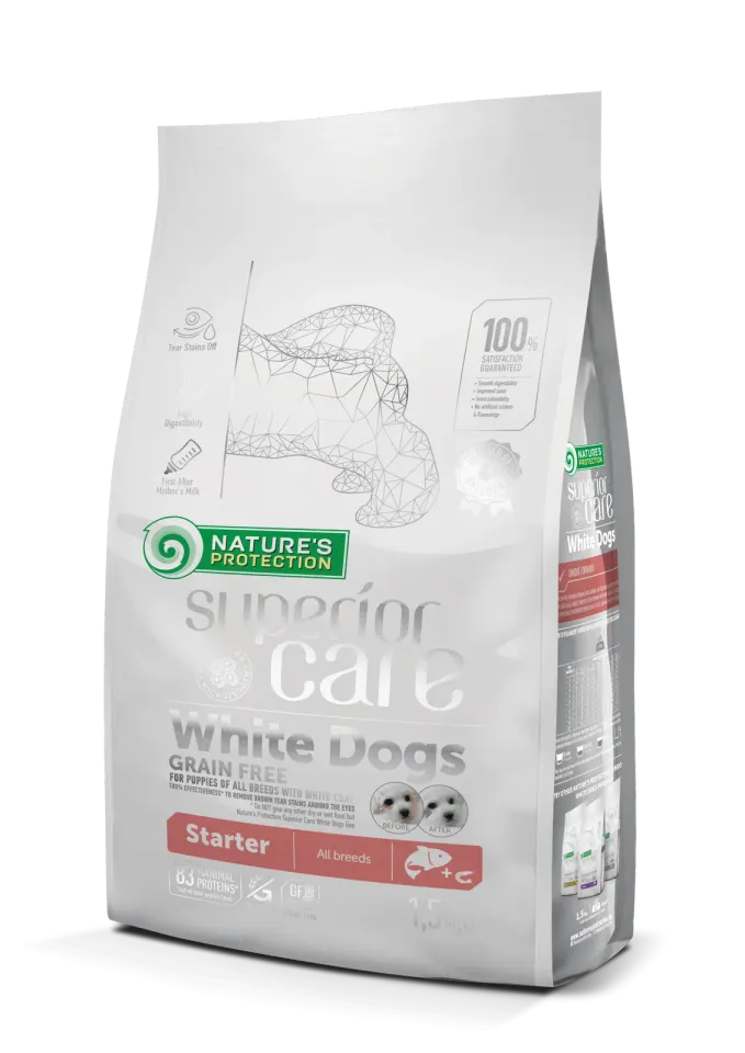 Nature’s Protection Superior Care White Dogs Grain Free Salmon Starter All Breeds Сухий беззерновий корм (стартер) для цуценят усіх порід з лососем, 1,5 кг