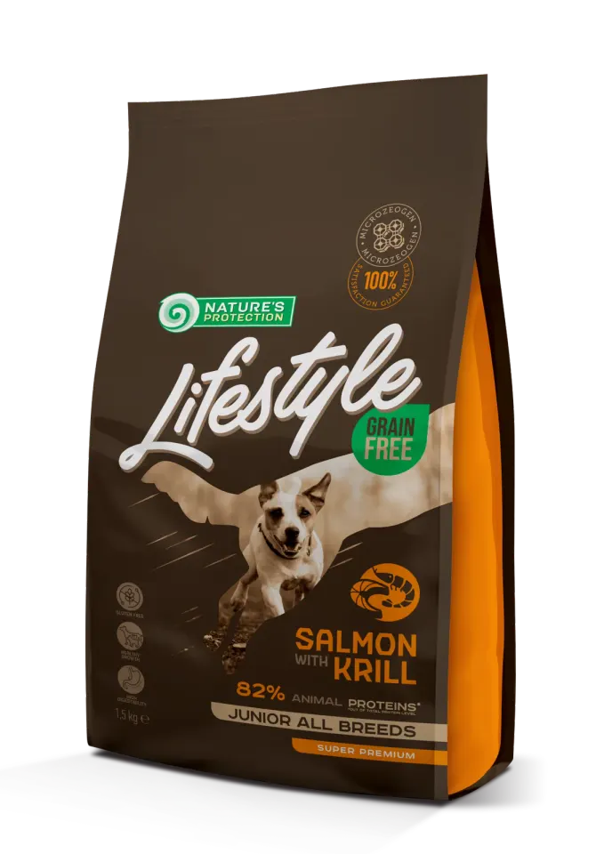 Nature’s Protection Lifestyle Grain Free Salmon with Krill Juniors All Breeds Сухий беззерновий корм для юніорів усіх порід з лососем та крилем, 1,5 кг