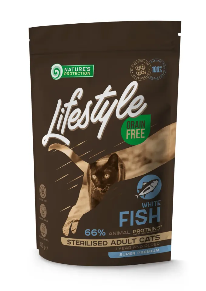 Nature’s Protection Lifestyle Sterilised White fish Сухий беззерновий корм для стерилізованих котів з білою рибою, 400 г