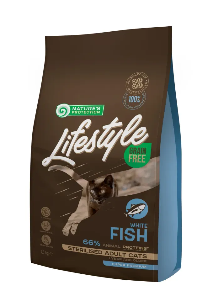 Nature’s Protection Lifestyle Sterilised White fish Сухий беззерновий корм для стерилізованих котів з білою рибою, 1,5 кг