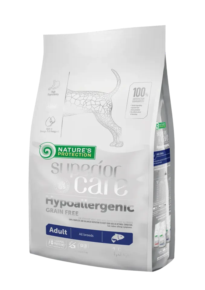 Nature’s Protection Superior Care Hypoallergenic Grain Free Adult All Breeds Сухий гіпоалергенний беззерновий корм для дорослих собак усіх порід з лососем, 1,5 кг