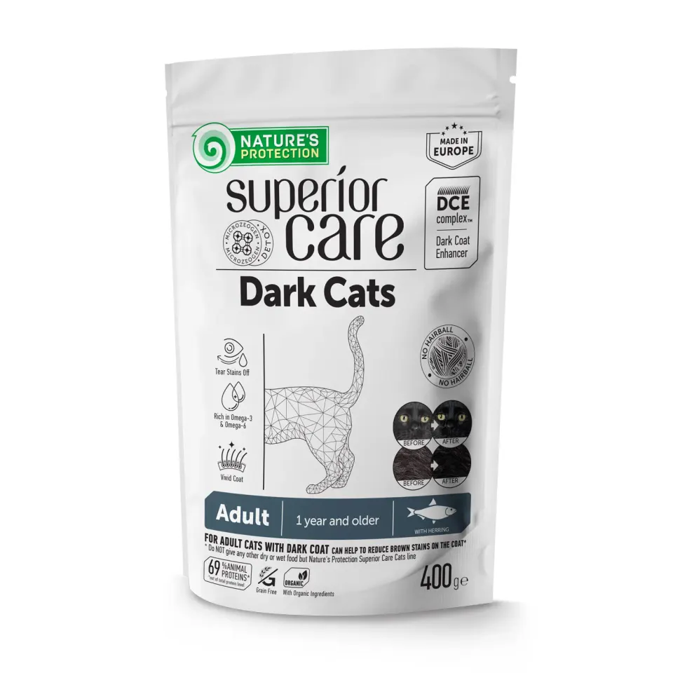 Nature’s Protection Superior Care Dark Cats Grain Free Herring Сухий беззерновий корм для дорослих котів з темним забарвленням з оселедцем, 400 г