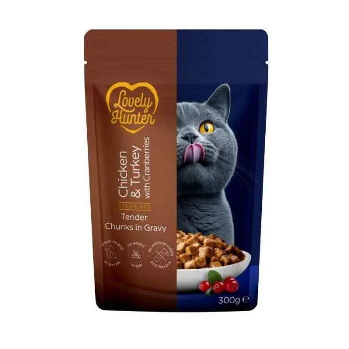 Lovely Hunter Sterilised Adult Cats with Chicken, Turkey and Cranberries Вологий корм для стерилізованих котів з куркою, індичкою і журавлиною, 300 г