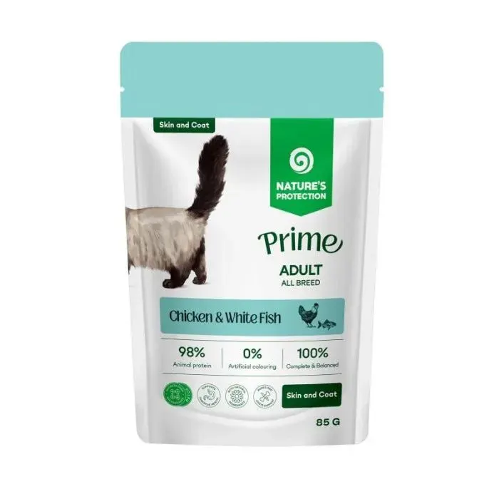 Nature’s Protection Prime Adult Cats Skin&Coat Chicken and White Fish Вологий корм для котів для догляду за шкірою та шерстю з куркою і білою рибою, 85 г