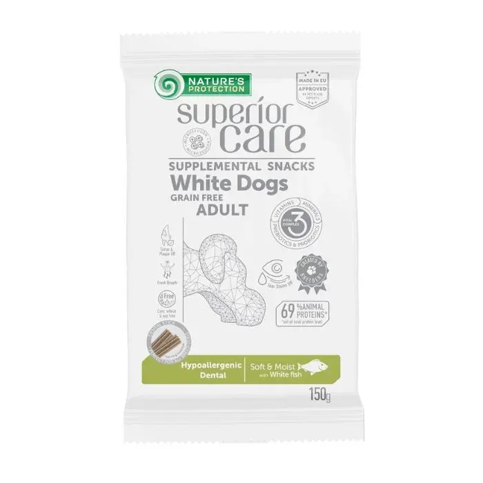 Nature’s Protection Superior Care White Dogs Hypoallergenic & Dental Care Беззернові ласощі для дорослих собак із білим забарвленням з білою рибою, 150 г