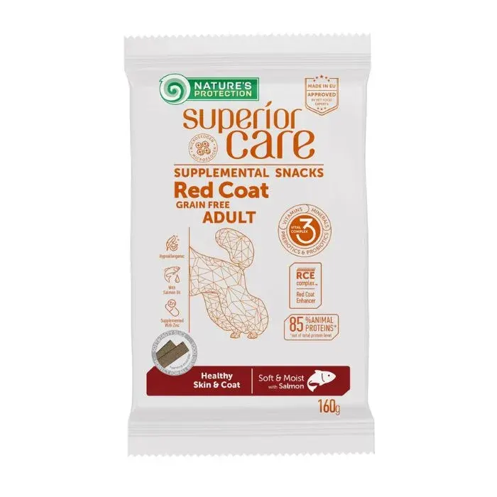 Nature’s Protection Superior Care Red Coat Healthy Skin & Coat Беззернові ласощі для дорослих собак з рудим забарвленням з лососем, 160 г