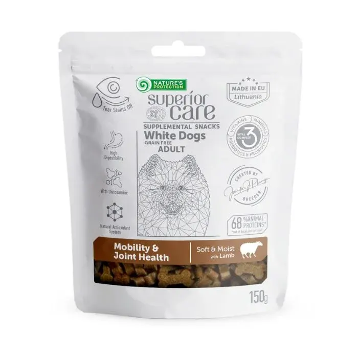 Nature’s Protection Superior Care White Dogs Mobility & Joint Health Беззернові ласощі для дорослих собак із білим забарвленням з ягнятиною, 150 г