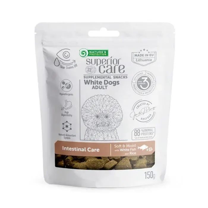 Nature’s Protection Superior Care White Dogs Intestinal Care Ласощі для дорослих собак із білим забарвленням з білою рибою та рисом, 150 г