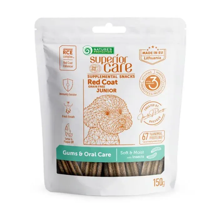 Nature’s Protection Superior Care Red Coat Gums & Oral Care Беззернові ласощі для юніорів із рудим забарвленням з протеїном комах, 150 г