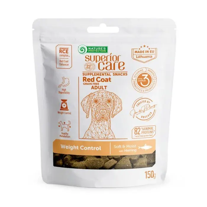 Nature’s Protection Superior Care Red Coat Weight Control Беззернові ласощі для дорослих собак із рудим або коричневим забарвленням з оселедцем, 150 г