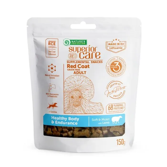 Nature’s Protection Superior Care Red Coat Healthy Body & Endurance Беззернові ласощі для дорослих собак із рудим забарвленням з ягнятиною, 150 г