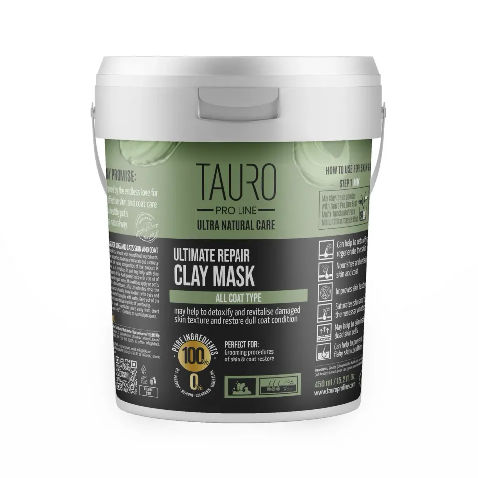 Tauro Pro Line Ultra Natural Care Ultimate Repair Clay Mask Інтенсивно відновлювальна глиняна маска для шкіри та шерсті собак і котів, 450 г