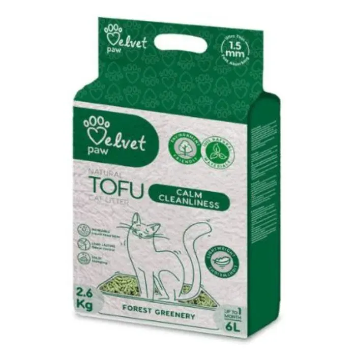 VELVET PAW TOFU Наповнювач для котів «Заспокійлива чистота», з есенцією лісової зелені, гранули 1.5 мм, 6 л/2,6 кг