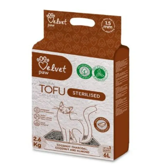 VELVET PAW TOFU Наповнювач для стерилізованих котів, з кокосовим вугіллям, мигдалевою та кокосовою есенцією 6 л/2,6 кг